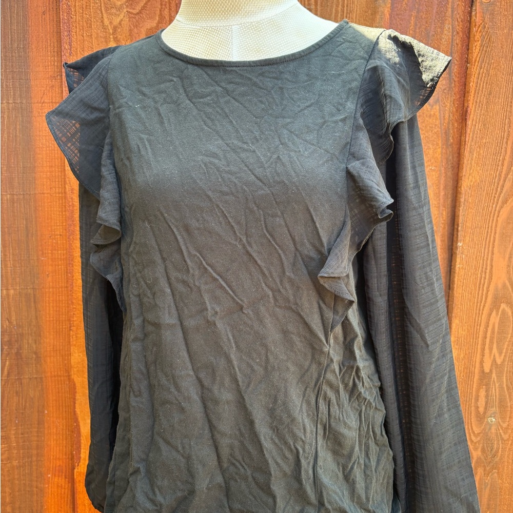 J. Crew Black Ruffled Long Sleeve Blouse